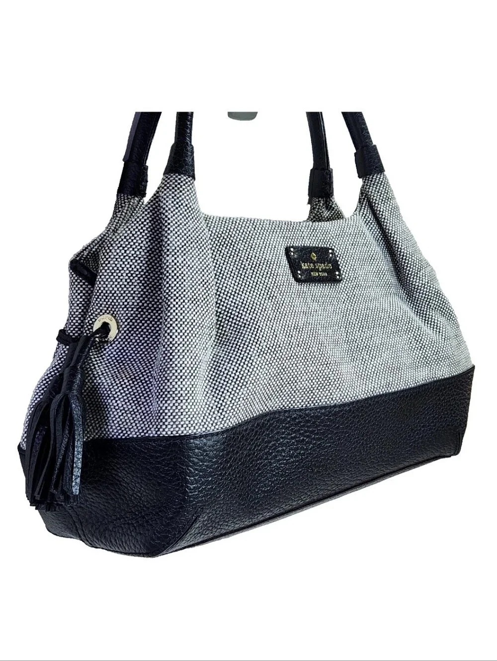 KATE SPADE Stevie Southport Ave Large Satchel Tote Black Leather Gray Canvas